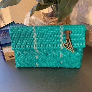 Maria Victoria, NEW WITH TAGS, woven clutch bag, TEAL color with snap closure.